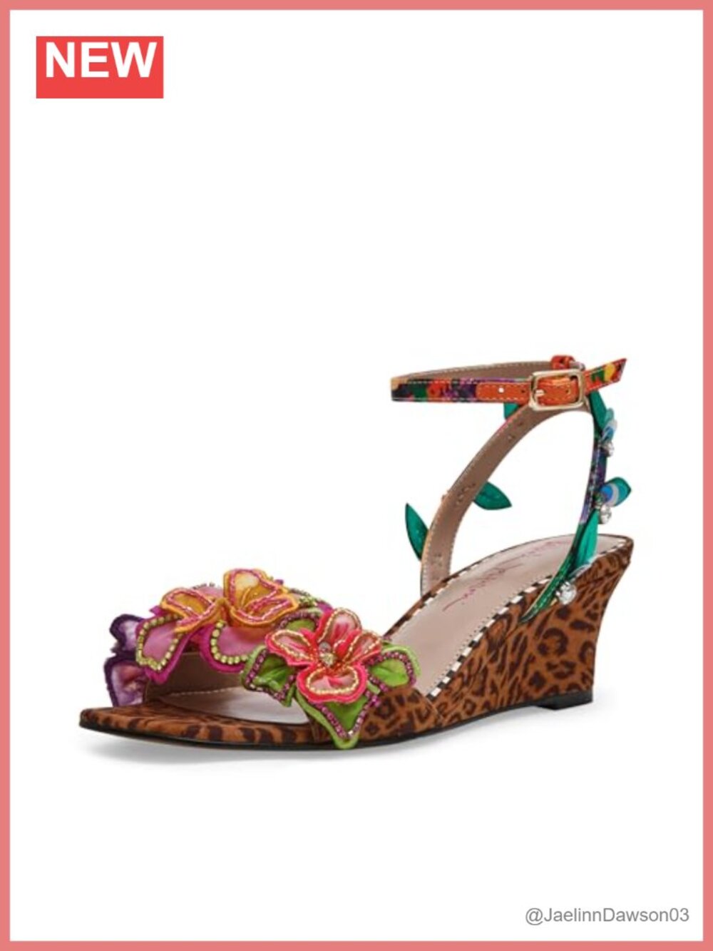 Wedge Sandals with Ankle Strap - Open Toe Floral Pattern